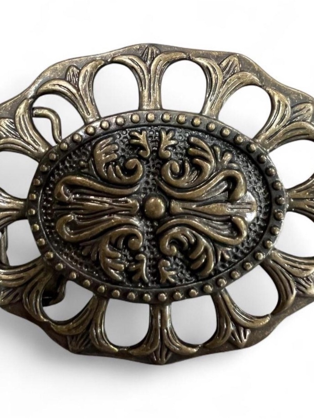 Ornate Oval Filigree Metal Belt Buckle - Antique Brass Tone